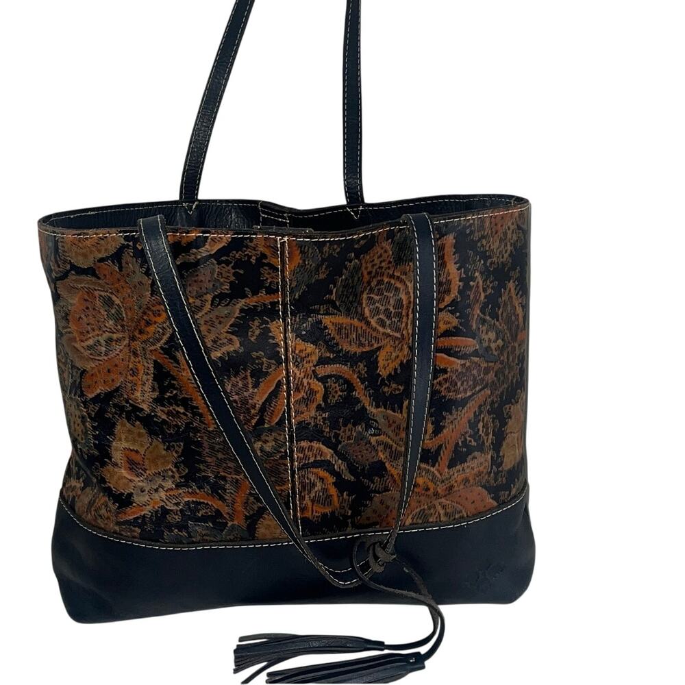 Patricia Nash Toscano Floral Paisley Tote Navy Blue Italian Leather Double Strap